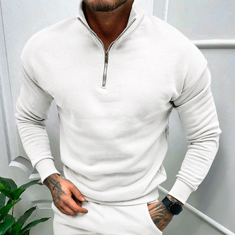 Regular-fit men's knitted sweater with half-zip closure and stand-up collar