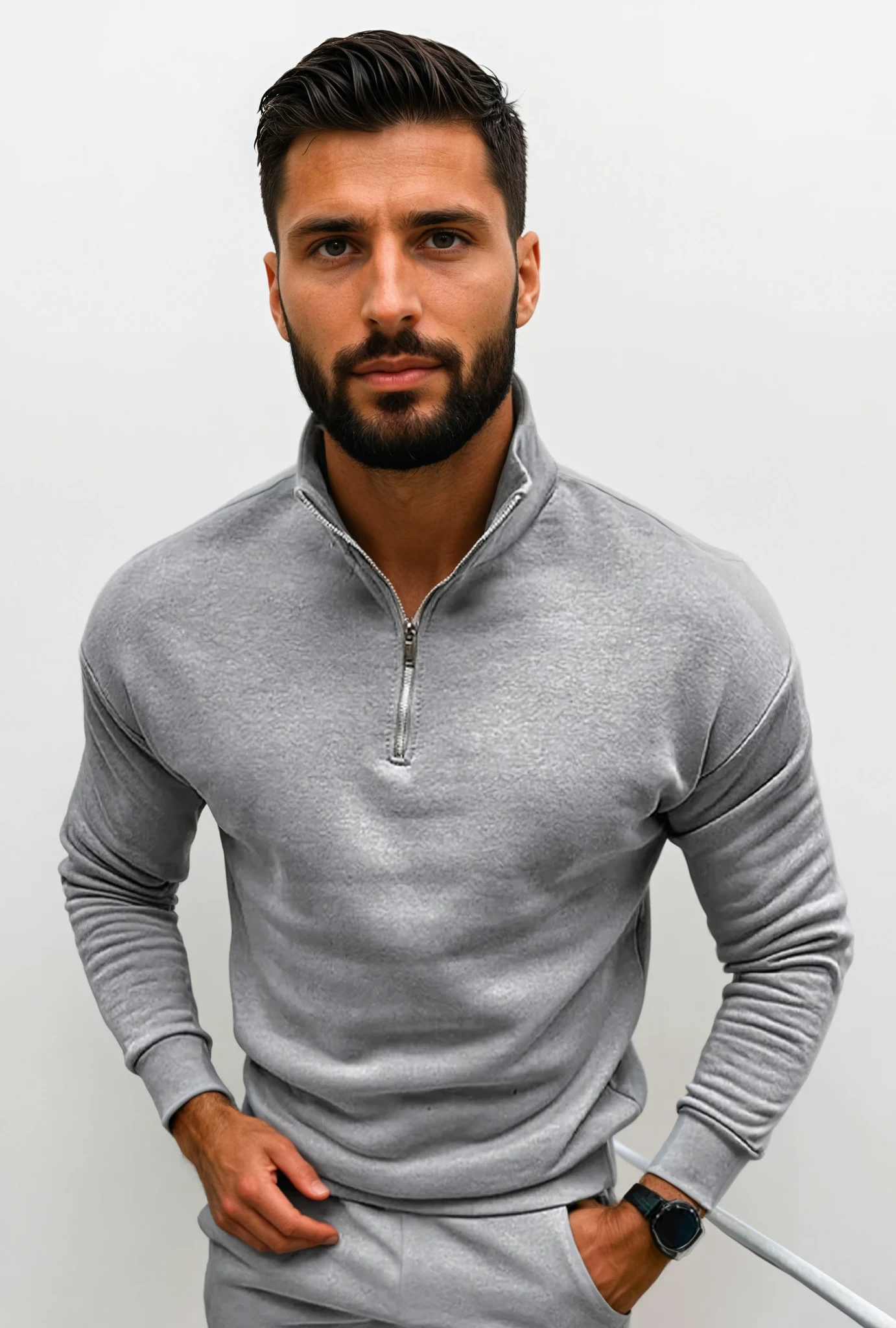Men's knitted half-zip sweater with smooth surface and ribbed cuffs