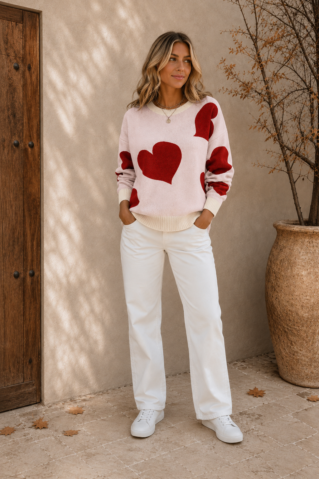 Women's red knitted heart sweater with O-neck and long sleeves