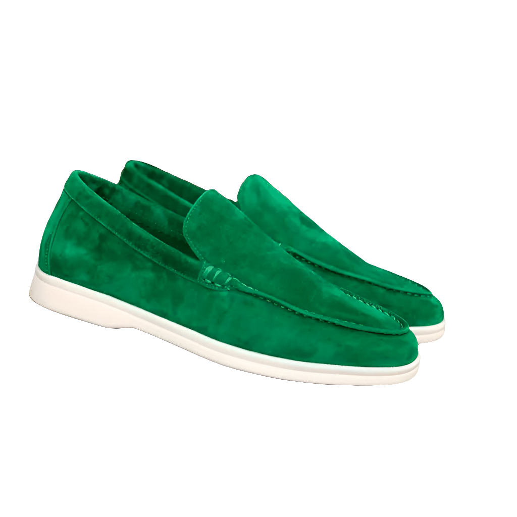 Rear view of men's suede slip-on loafers showing heel construction and rubber sole edge