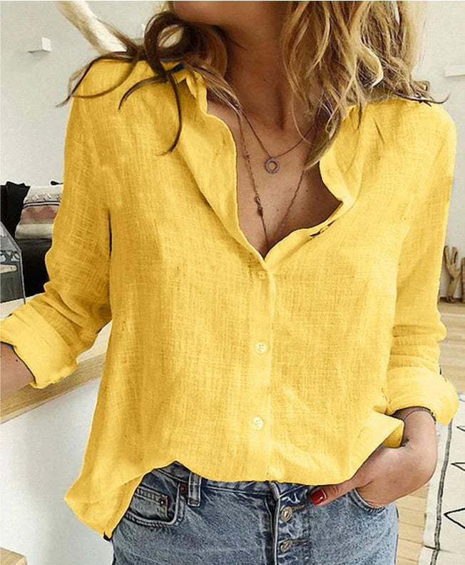 Women's long-sleeve linen-blend shirt with open collar and front button closure