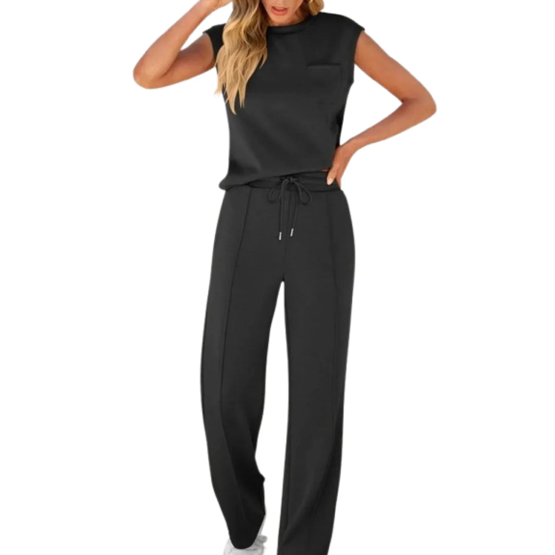Women's relaxed two-piece set with sleeveless top and straight-leg drawstring pants