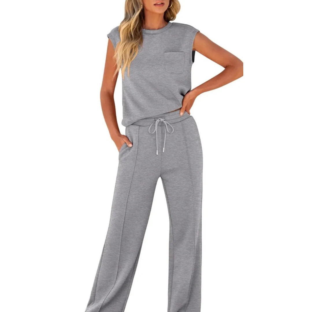 Soft women's two-piece loungewear set with round-neck top and elastic drawstring pants