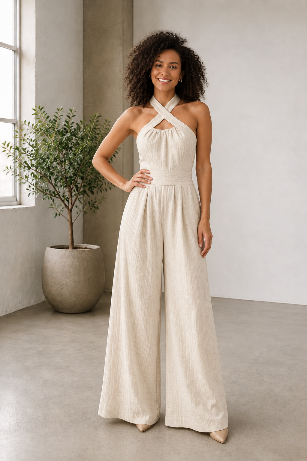 Linen halter jumpsuit with crossed neckline