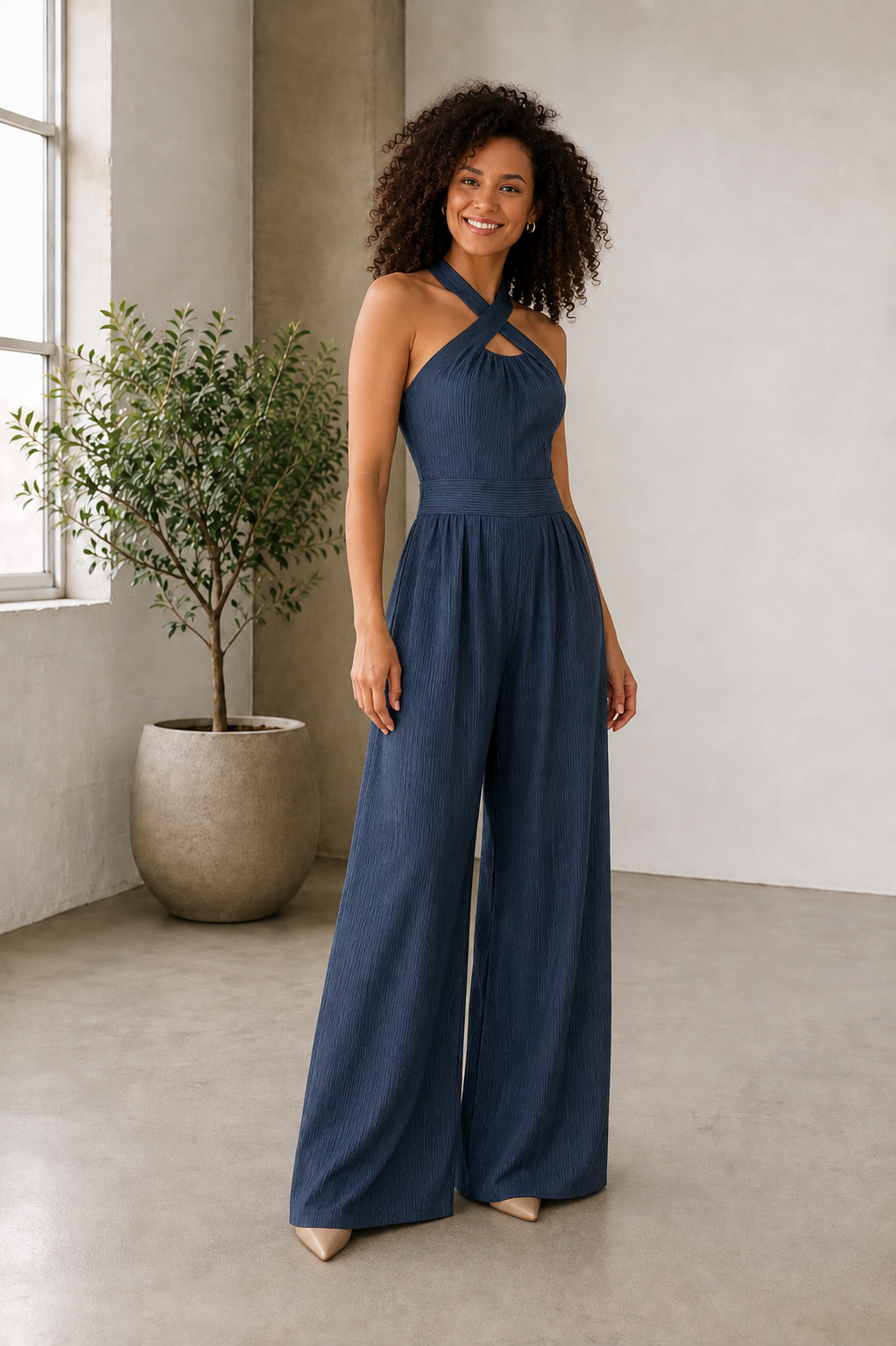 Crossed halter neck jumpsuit with side pockets