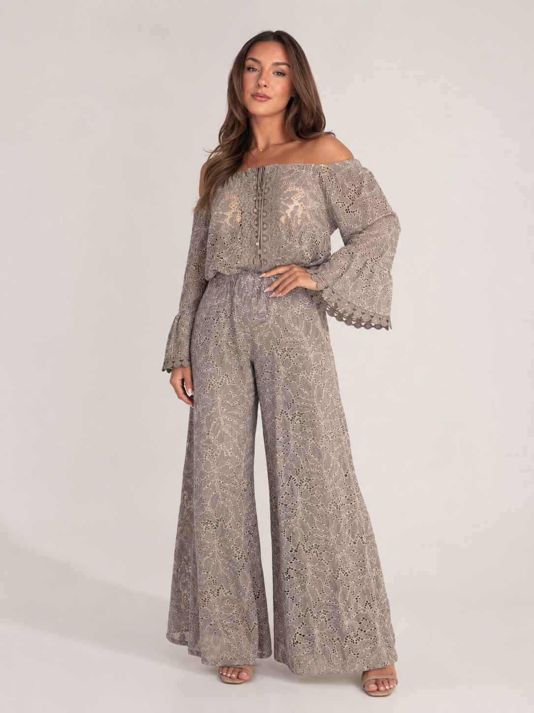 Women's gray off-shoulder lace jumpsuit with long sleeves and flared legs