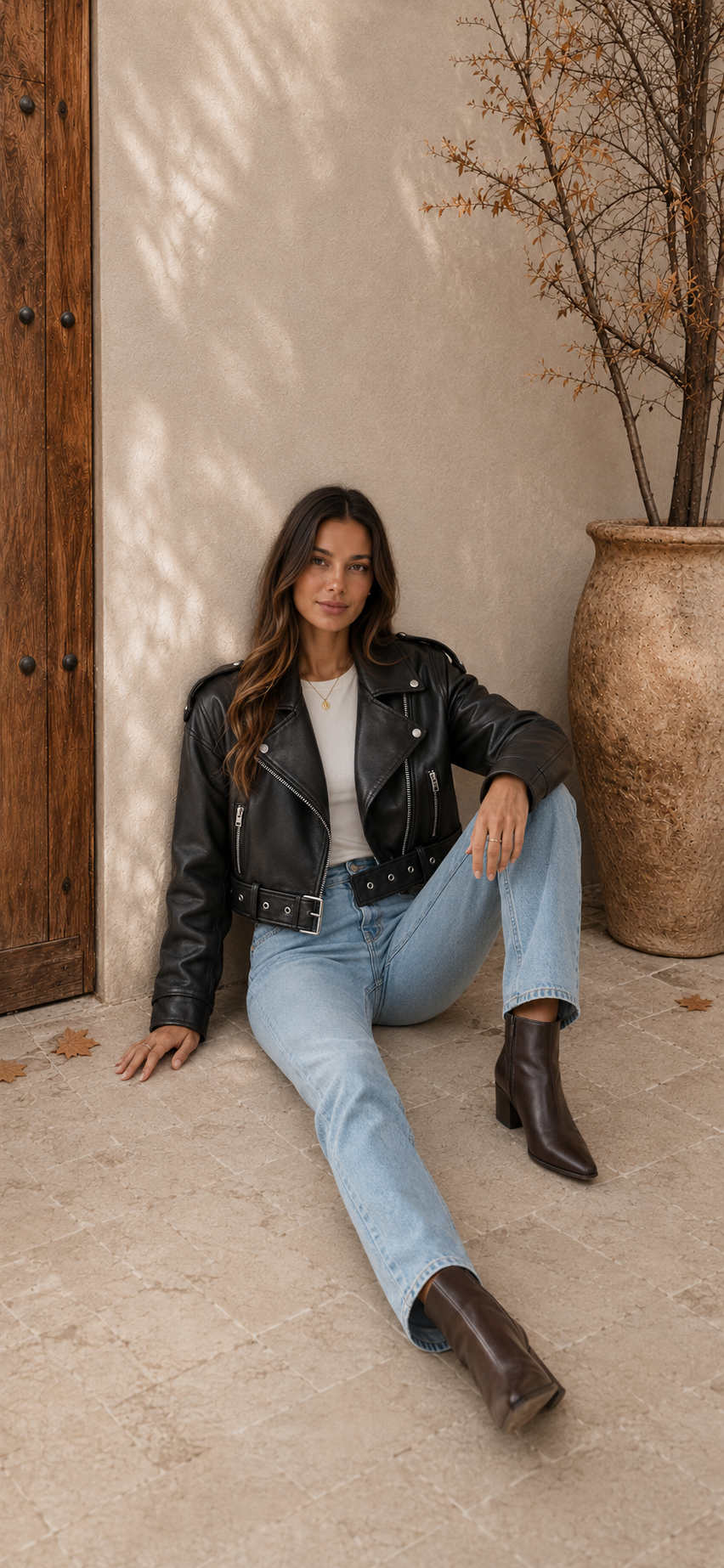 Women Wearing Black Cropped Leather Jacket with Lapel Collar