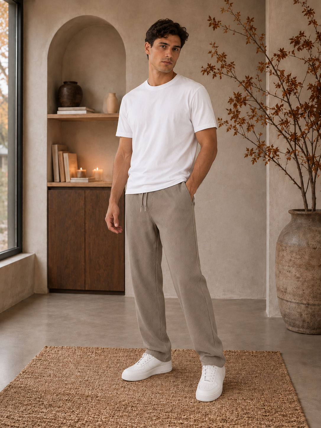 Men's relaxed-fit drawstring trousers with vertical ribbed texture and elastic waistband