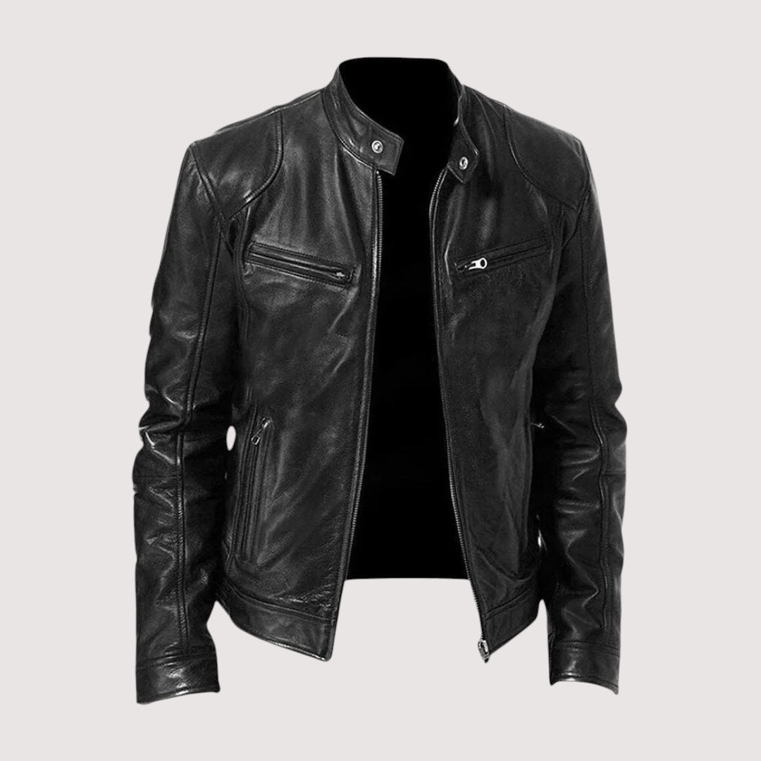Men's leather jacket with front zipper, stand-up collar, and hip-length silhouette
