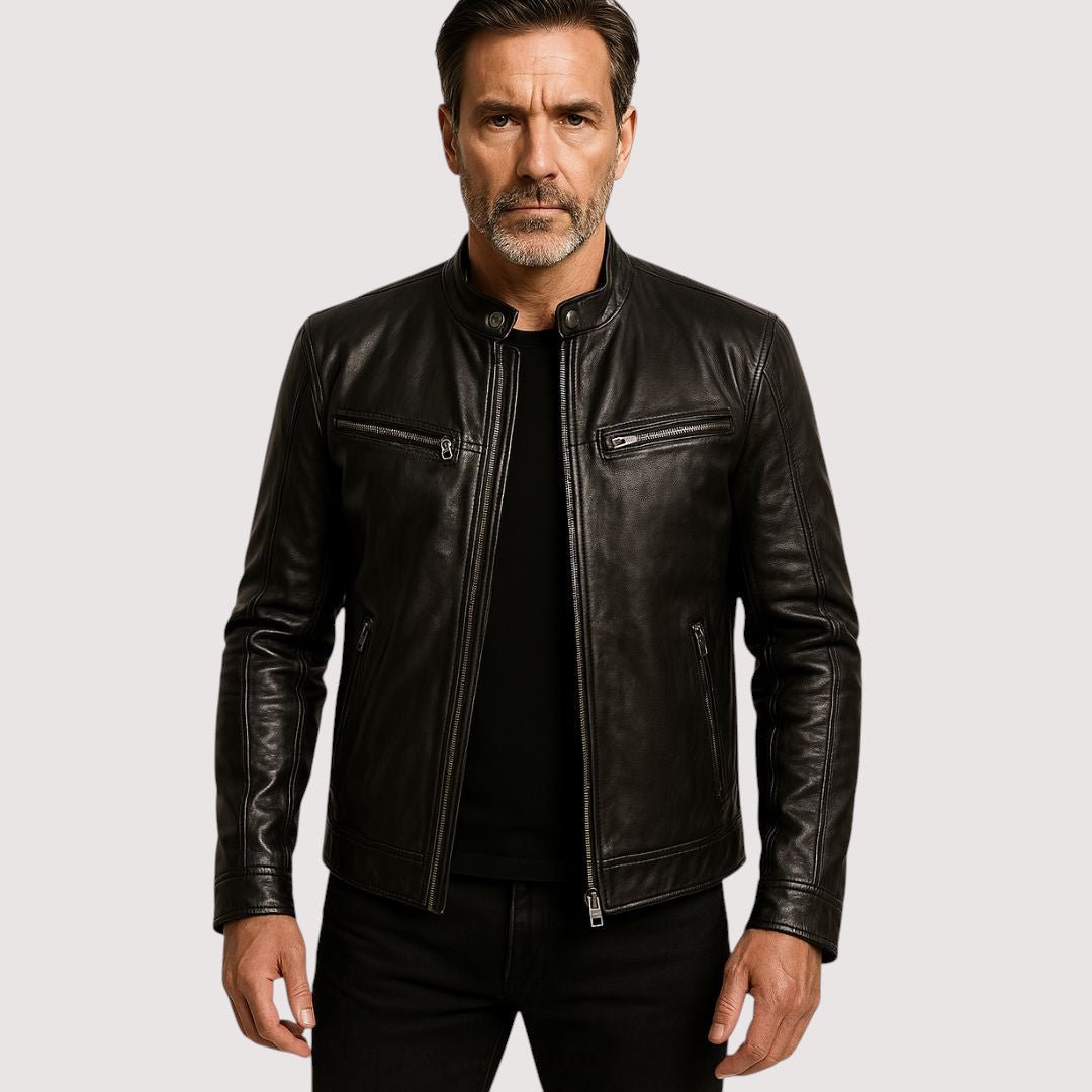 Men's leather jacket featuring a front zipper closure and long sleeves