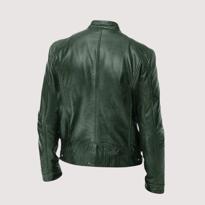 Men's leather jacket with zippered pockets, stand-up collar, and hip-length cut