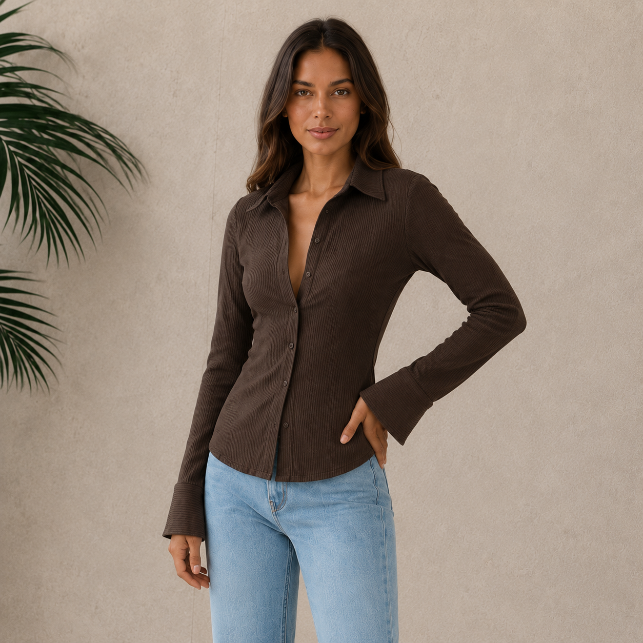 Close-up of women's brown button-down collared shirt