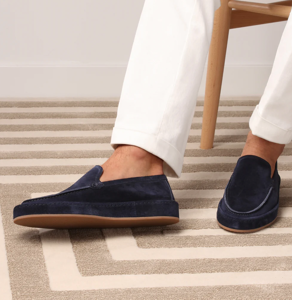 Men's classic suede slip-on loafers in navy blue, front view