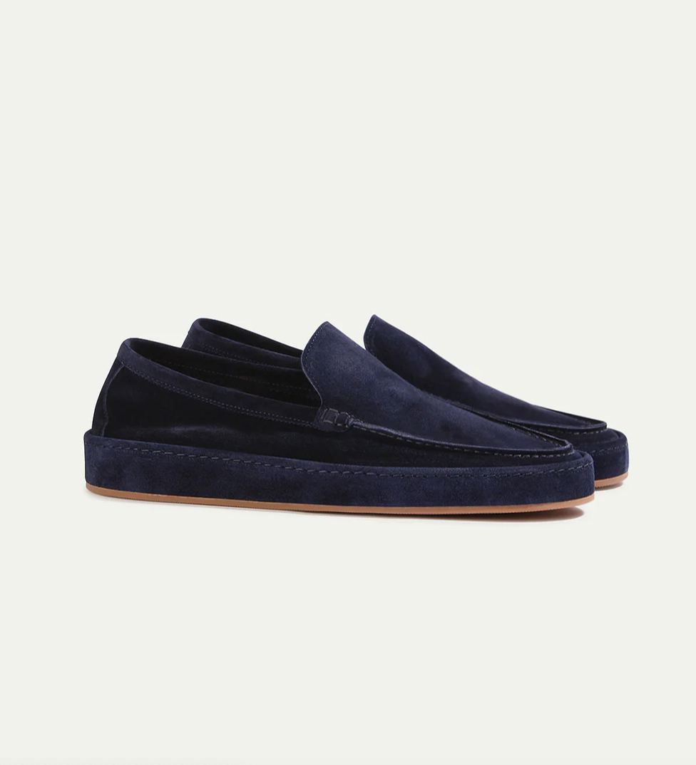 Classic suede slip-on loafers for men, side profile showing low-cut collar and rubber outsole