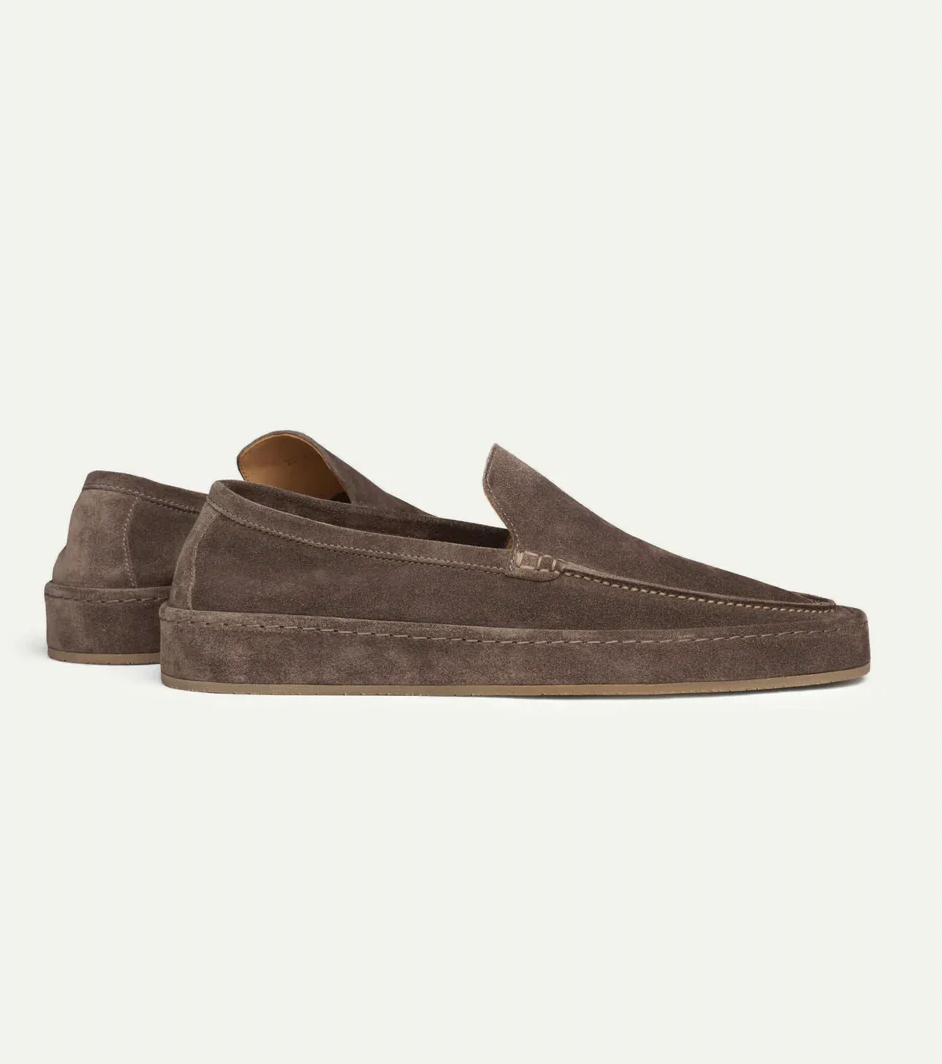Men's suede loafers rear view showing low-cut collar and heel construction