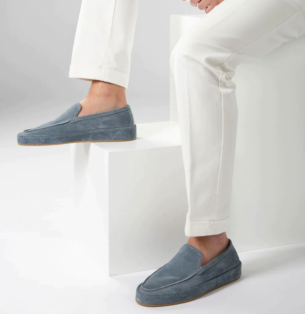 Men's classic suede slip-on loafers in all four colors: navy blue, beige, brown, and light blue