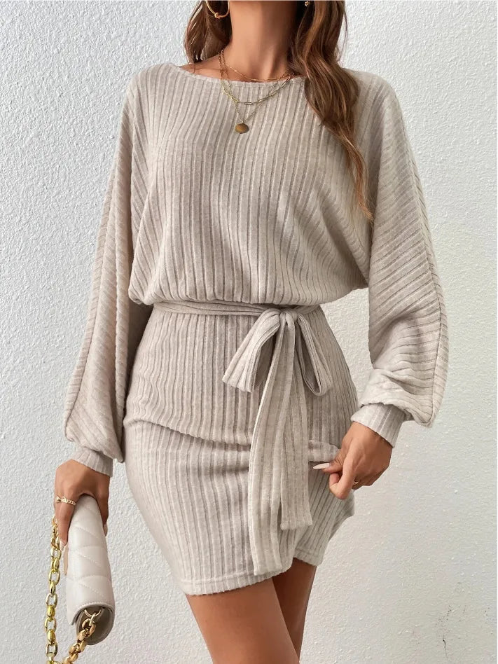 Ribbed knitted short dress with tie belt detail at the waist
