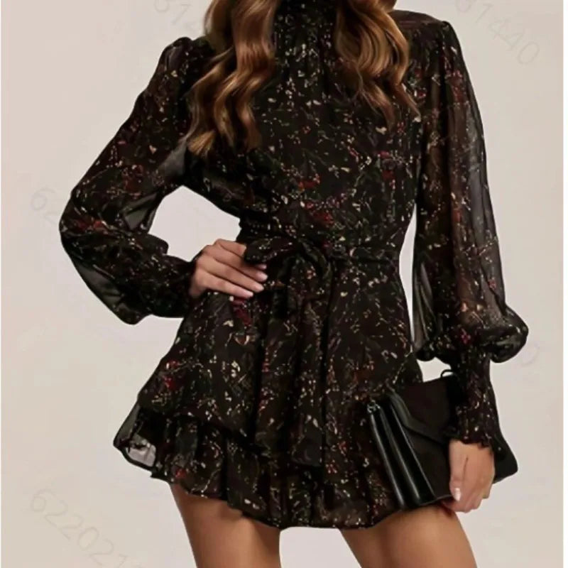 Women's short dress with high collar, long transparent sleeves, tie waist, and layered ruffled hem