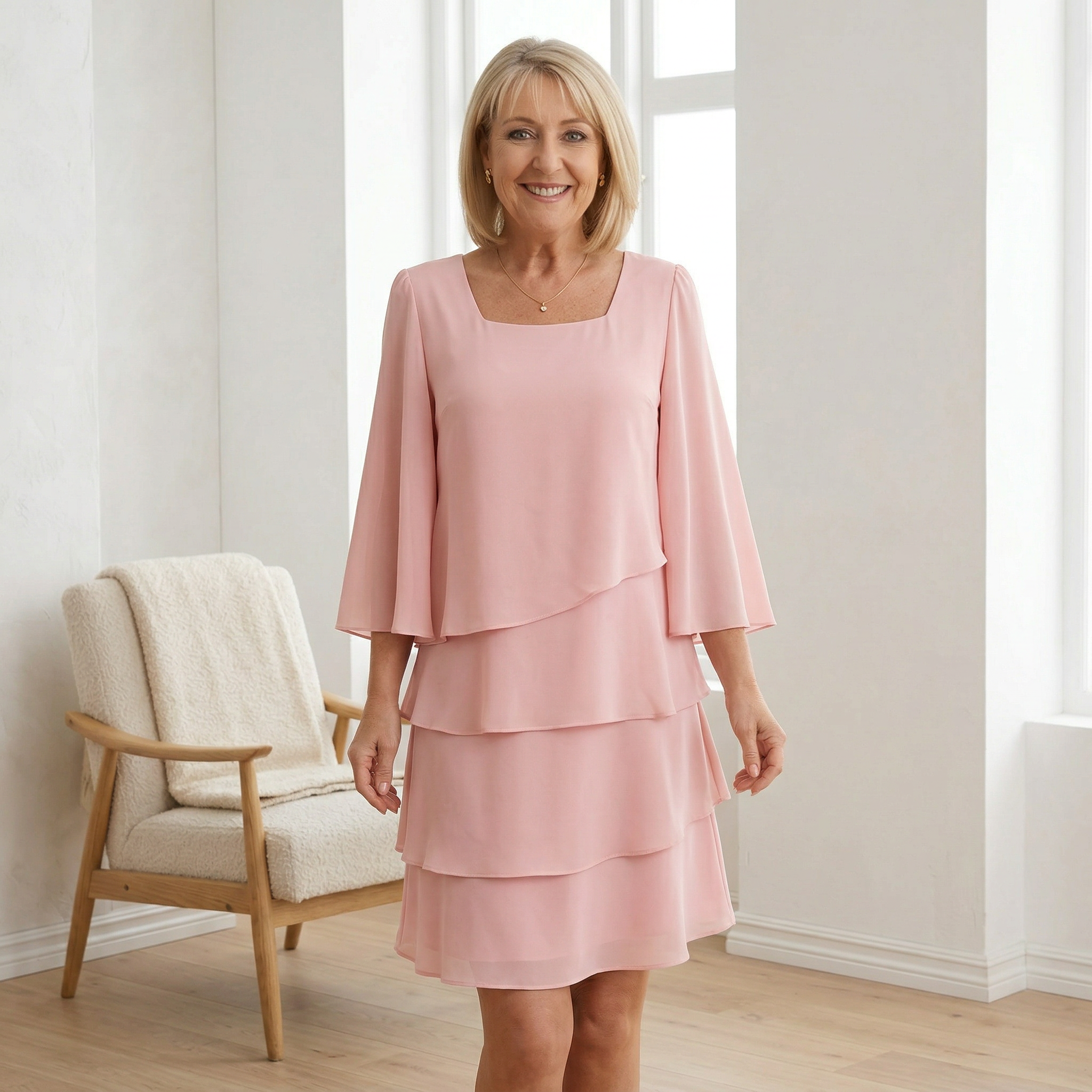 Lightweight chiffon layered dress for women featuring a relaxed silhouette and flowing multi-layer skirt