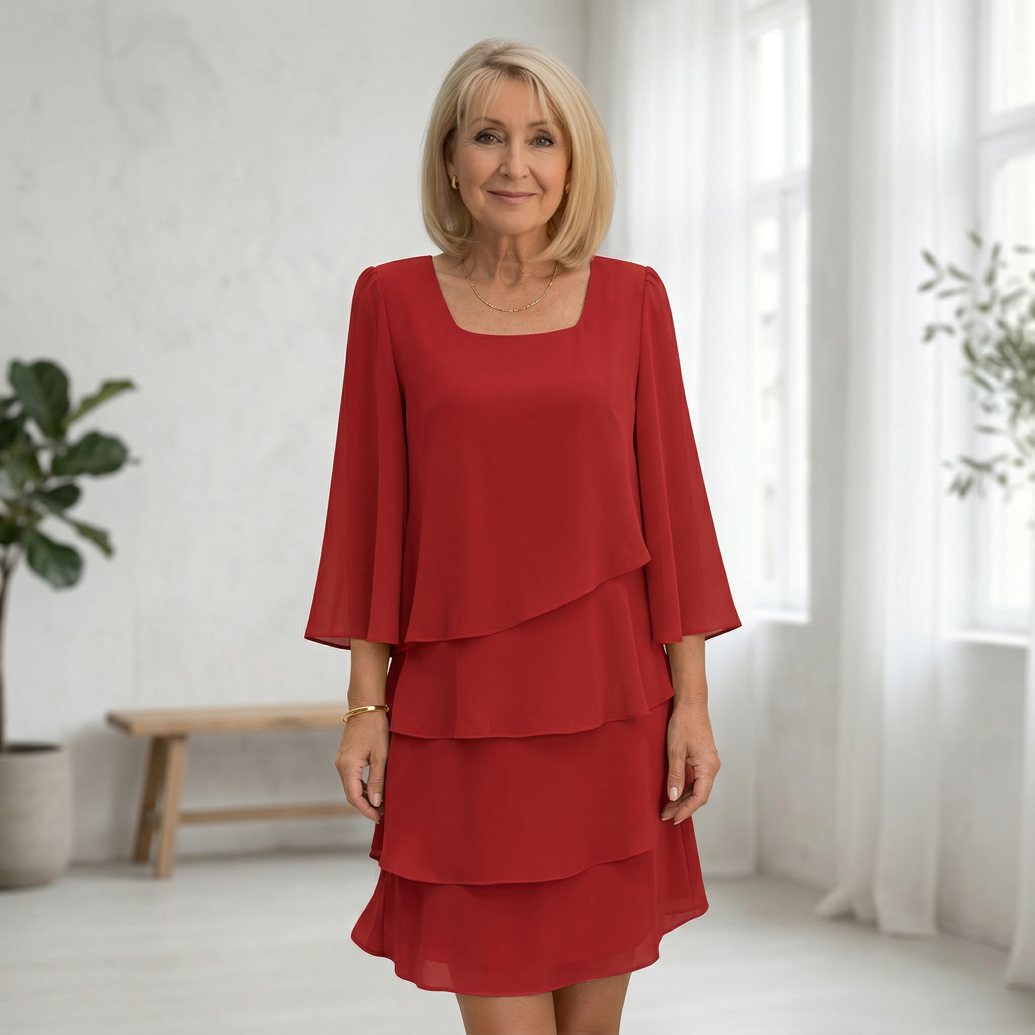 Women's knee-length chiffon dress with soft drape, layered hem, and wide flowing sleeves