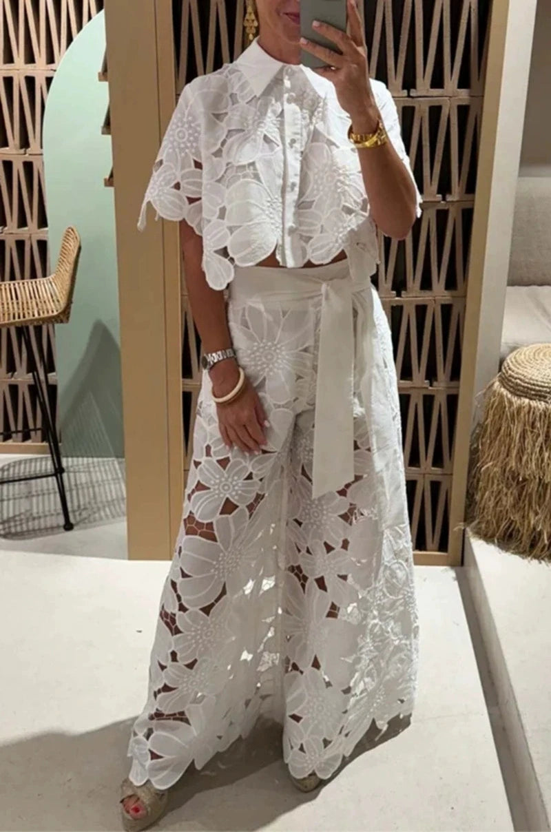Women's two-piece lace set with short-sleeve button-up shirt and wide-leg trousers