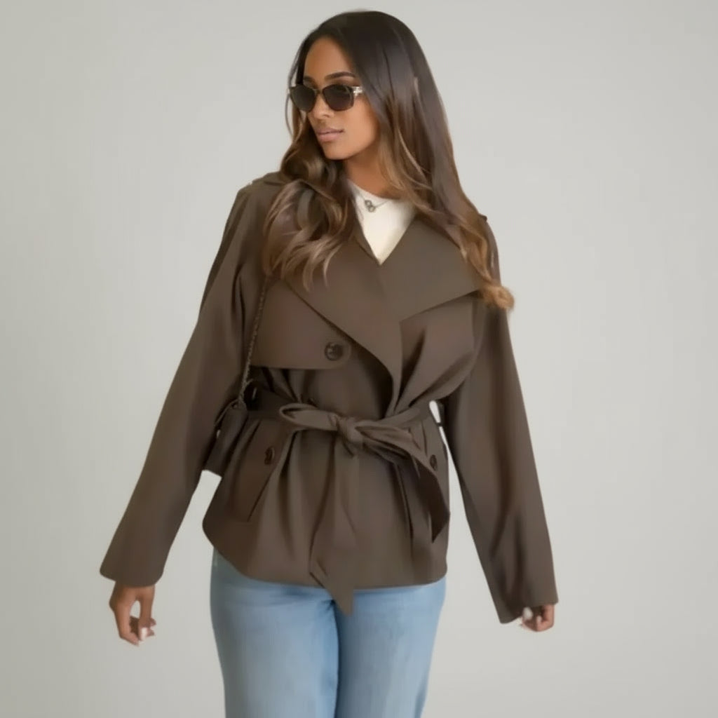 Women's wrap jacket with lapel collar and tie belt at the waist