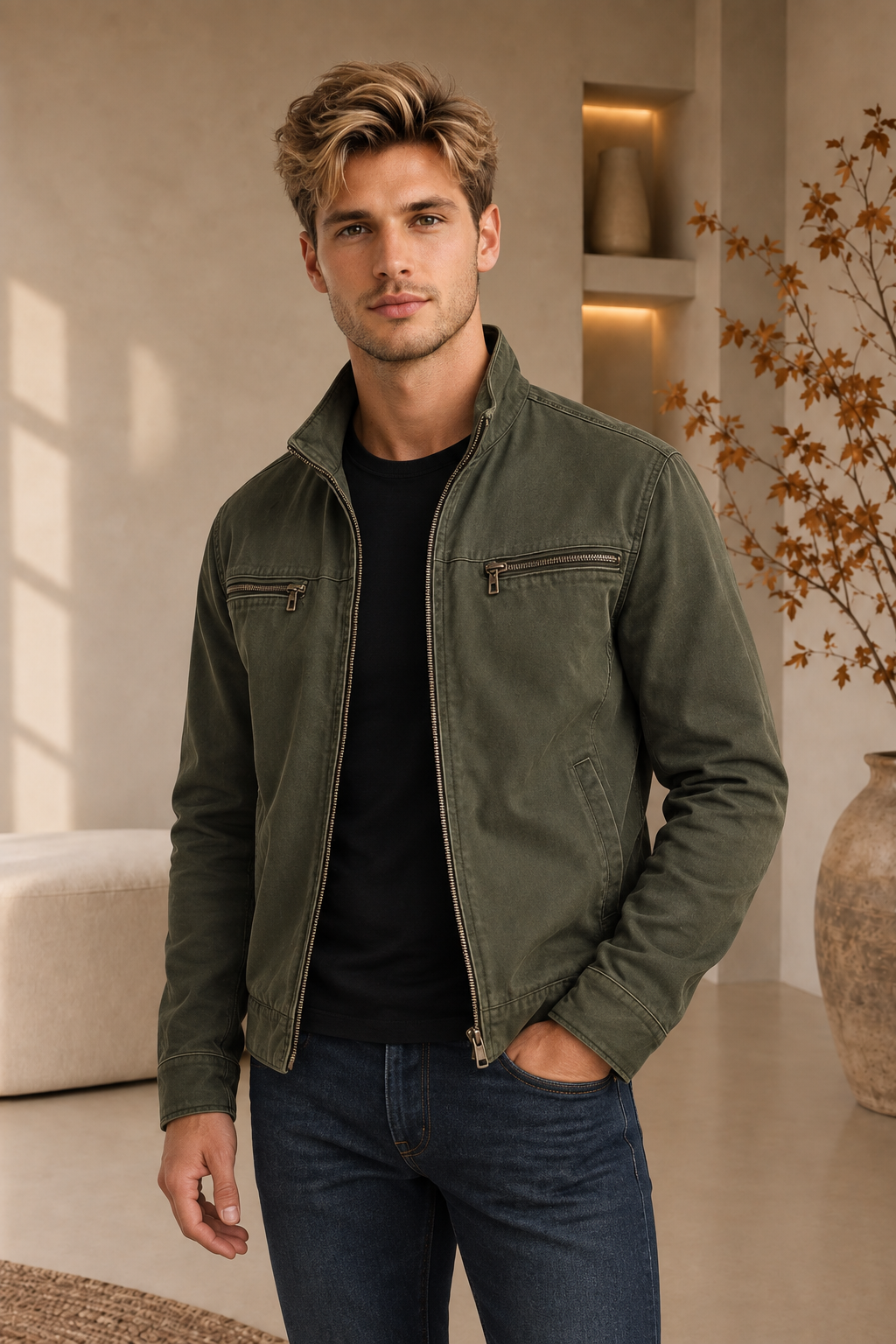 Men's olive washed zip-up jacket with stand collar and zipped chest pockets, front view