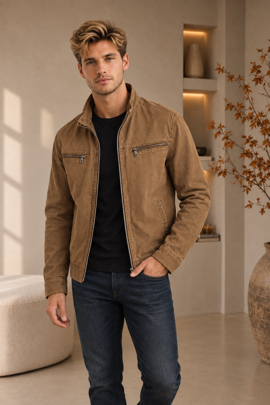 Men's tan zip-up jacket with zipped chest pockets and side hand pocket, front view