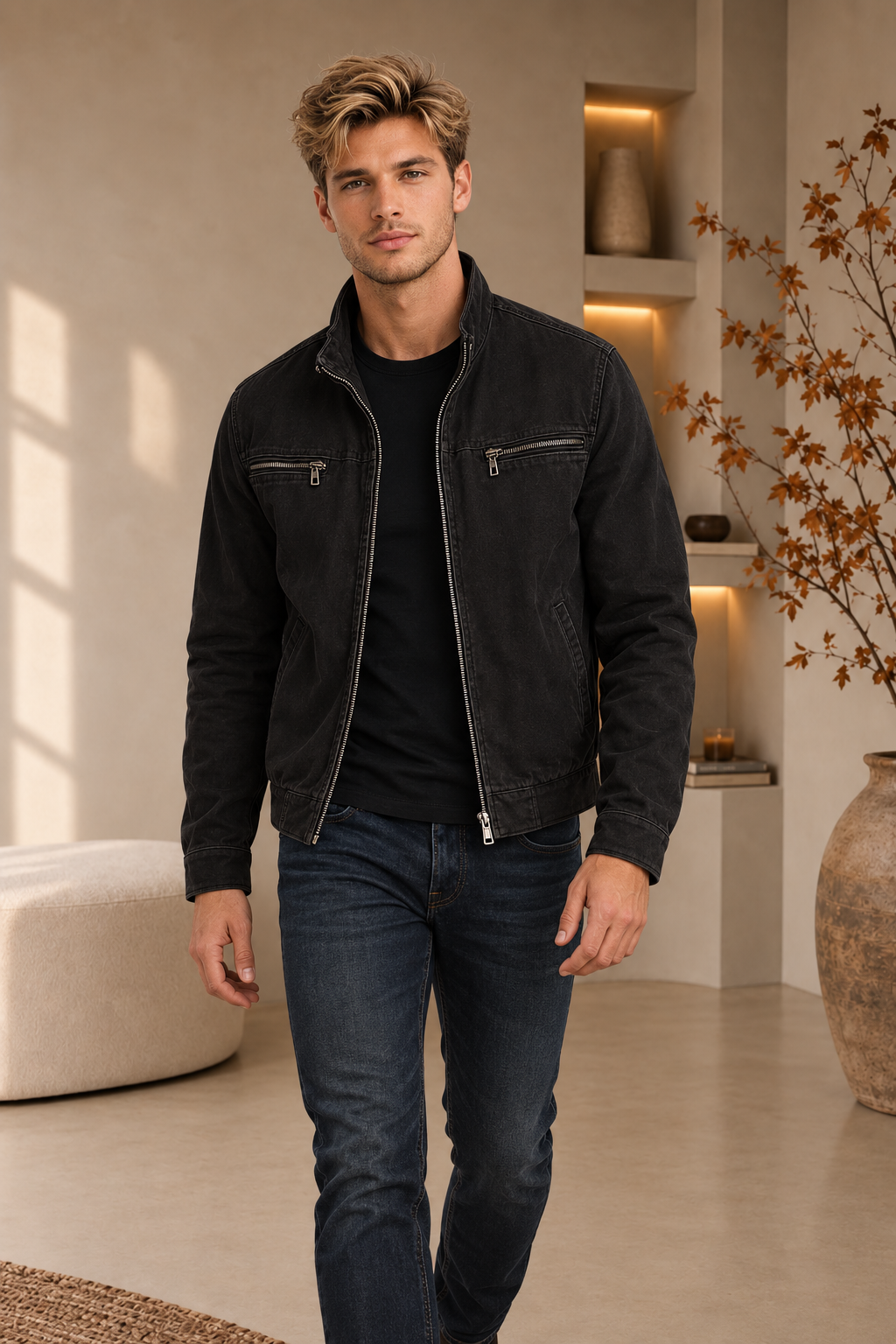 Men's washed black zip-up jacket with stand collar, worn open over a black T-shirt
