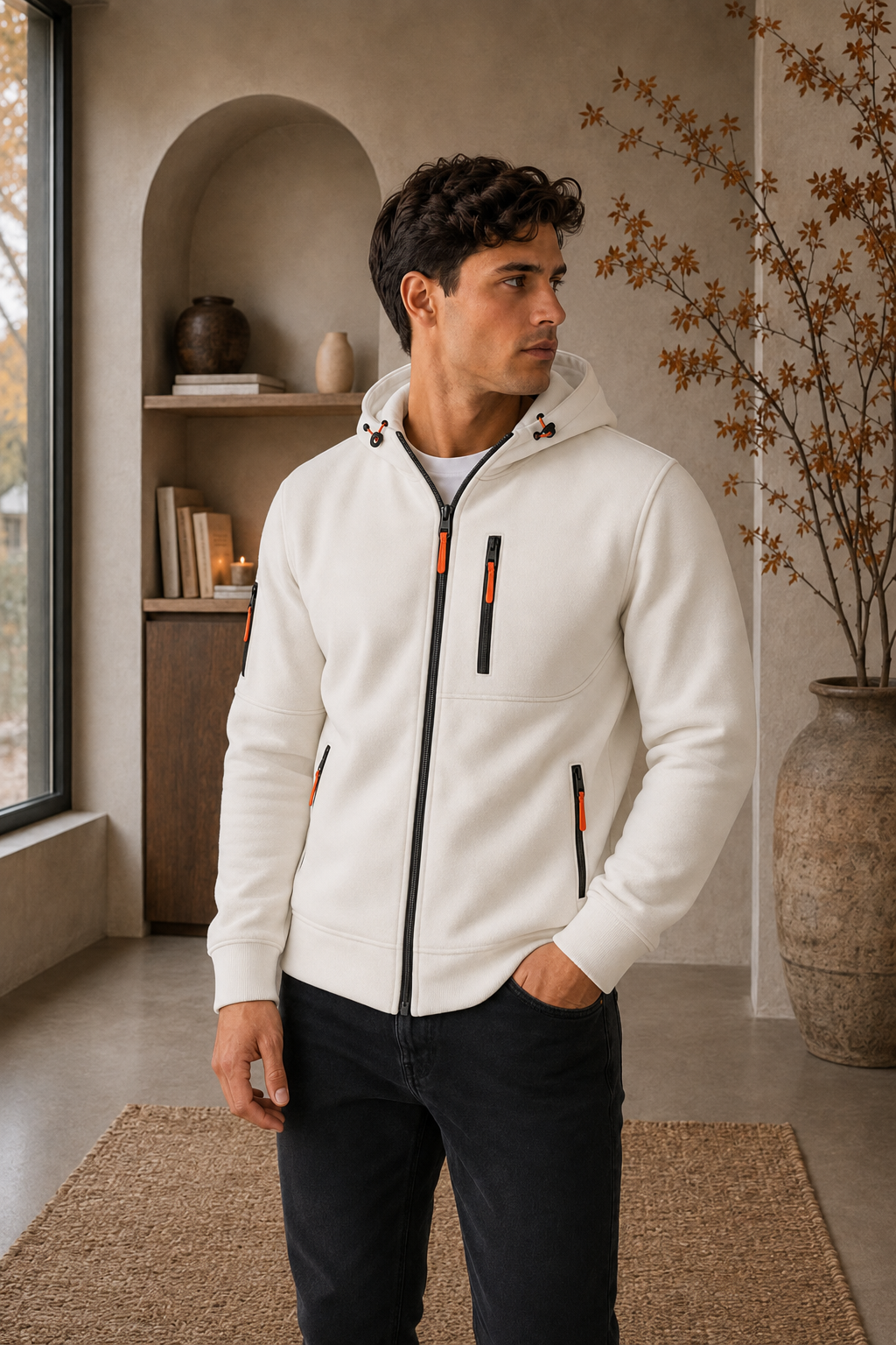 Men's white zip-up hoodie front view with hood and pockets