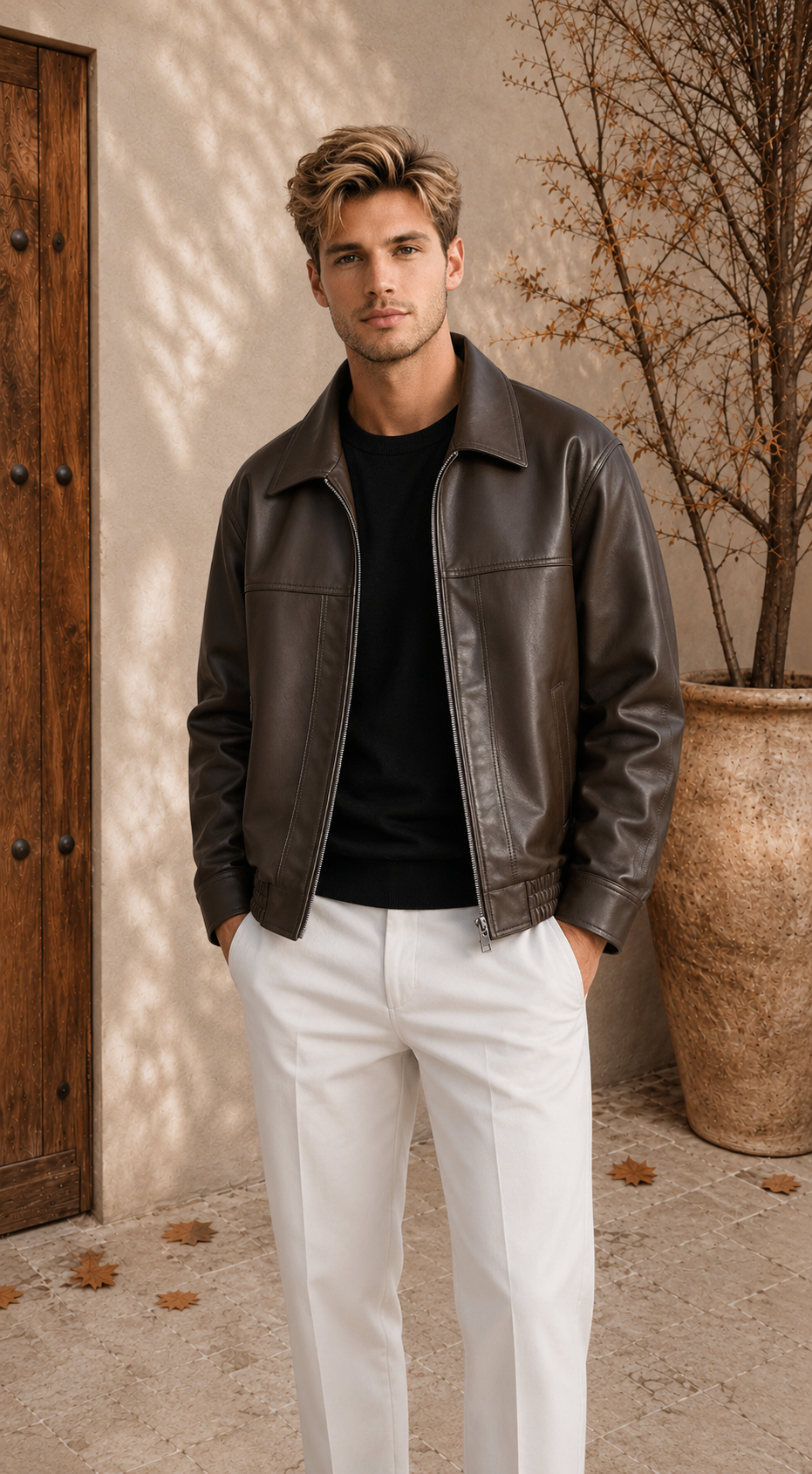 Men's brown leather-look jacket full view