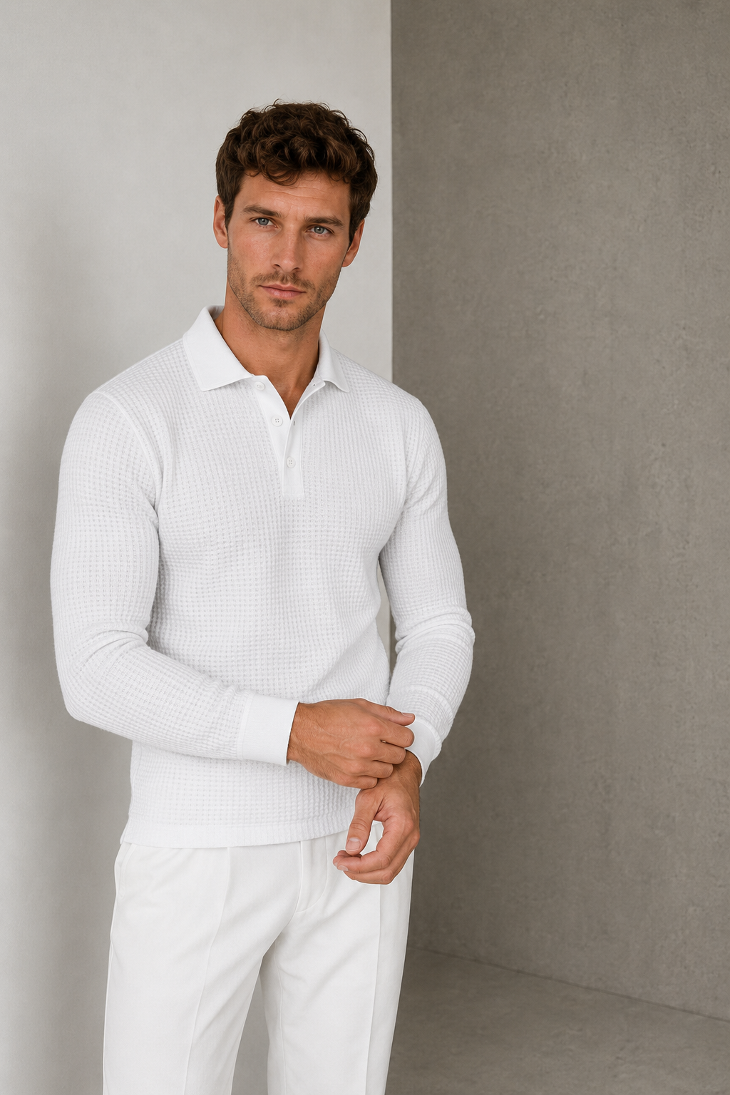 Men's white long sleeve polo shirt with classic collar