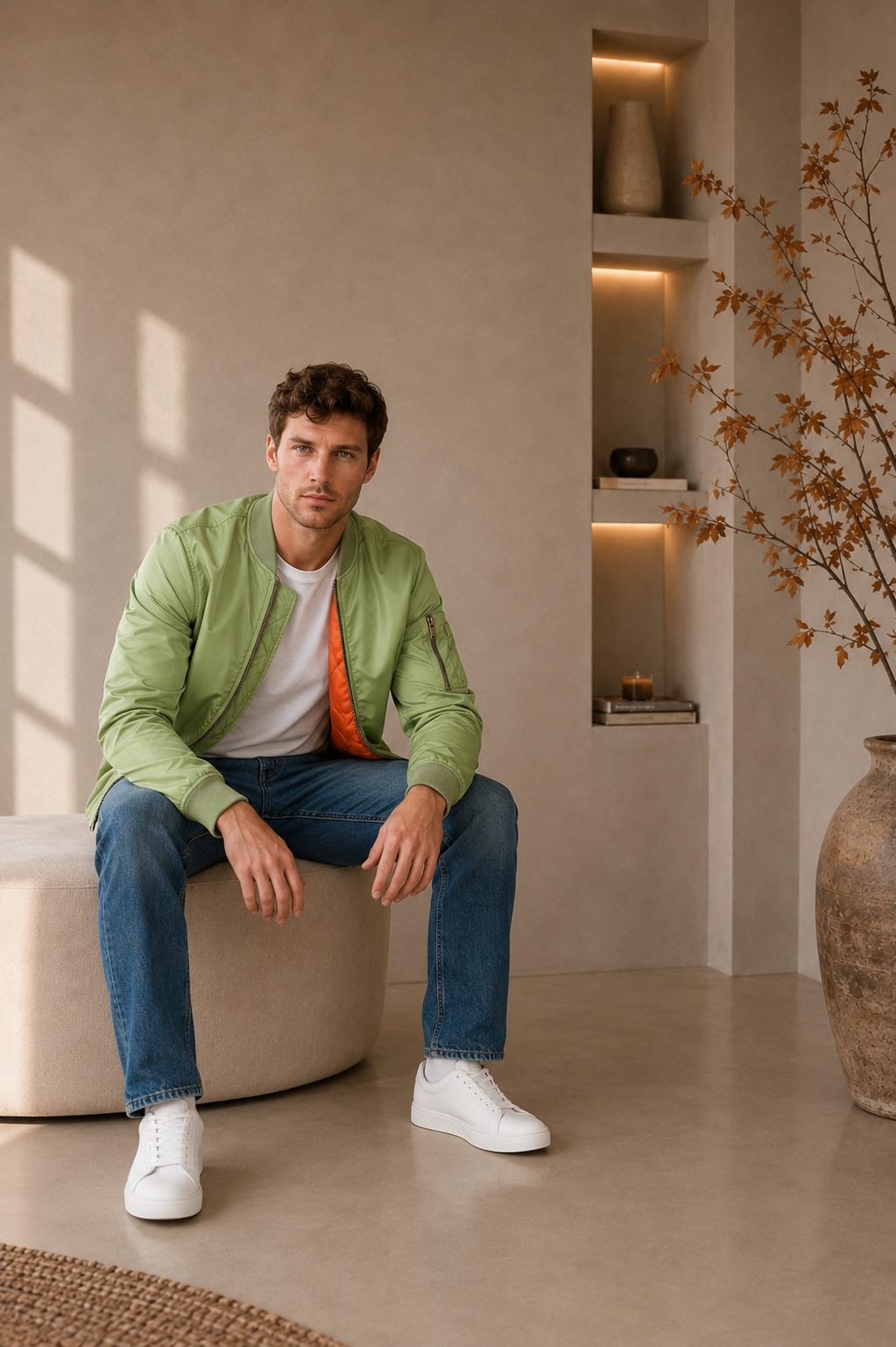 Men's light green padded bomber jacket with orange quilted lining