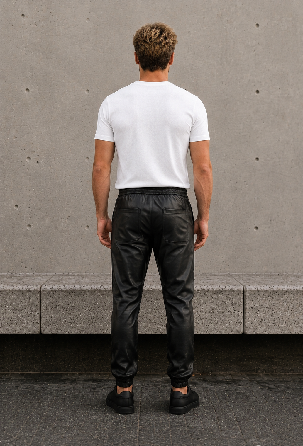 Men's faux leather joggers with elastic drawstring waistband and tapered leg