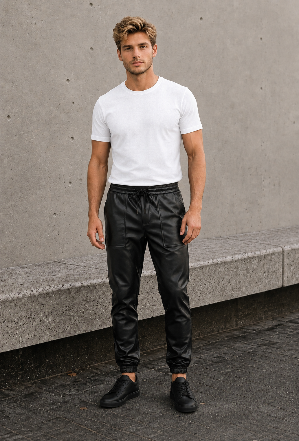 Men's faux leather joggers with elastic drawstring waistband and tapered leg