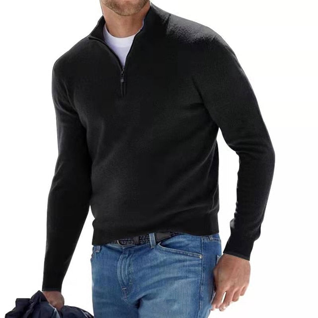 Men's wool-blend half-zip sweater, back view on male model showing regular fit and clean silhouette