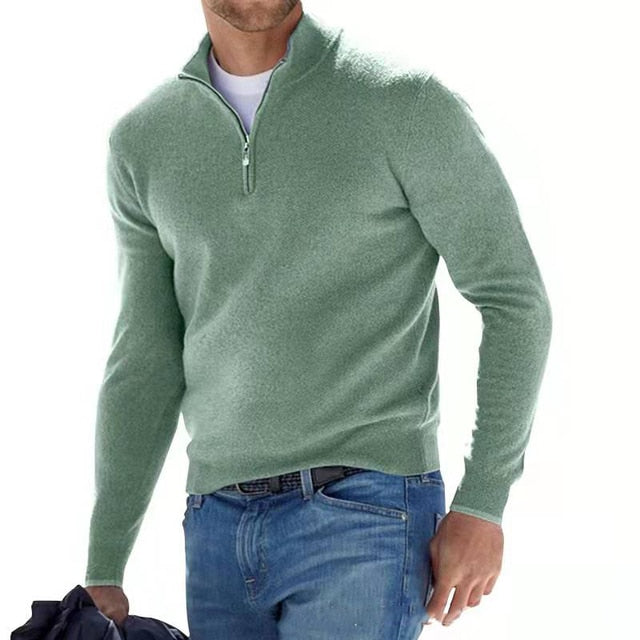Men's wool-blend half-zip sweater styled for a layered everyday look, full-body on-model shot