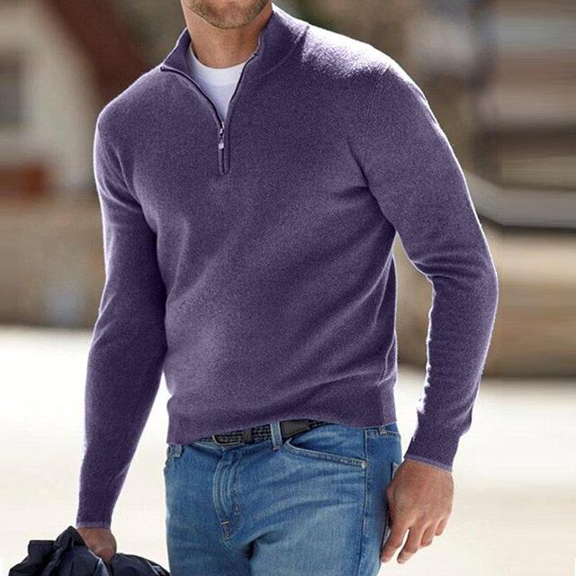 Men's wool-blend half-zip sweater with high collar, worn by a male model, front-facing full-body view