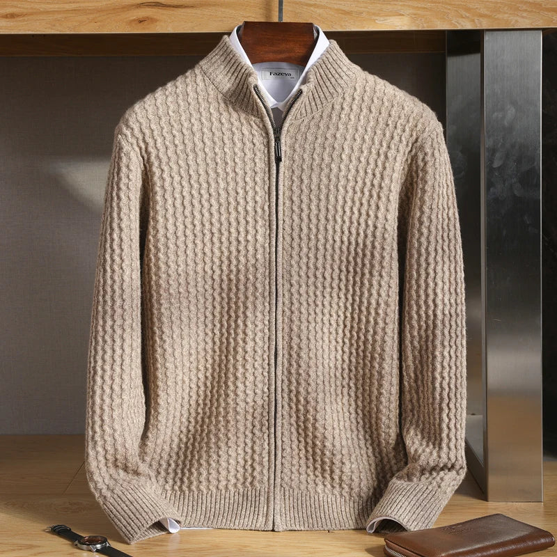 Men's textured knit sweater with full-length zipper and stand-up collar