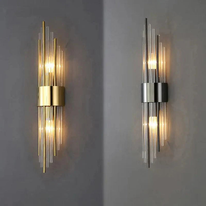 Vertical metal wall lamp with integrated glass light sources for ambient indoor lighting