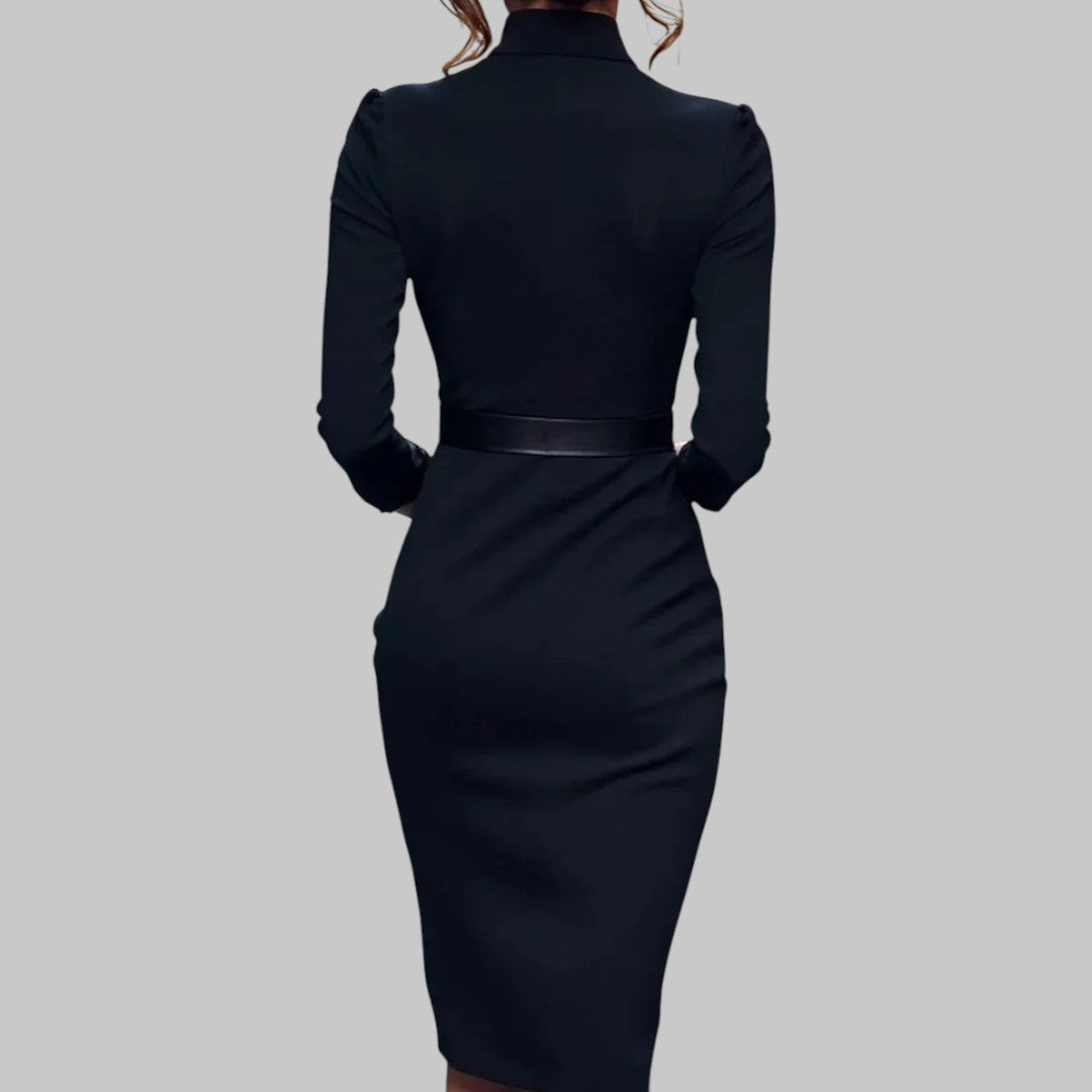 Women's midi dress with defined waist, side pockets, and three-quarter sleeves