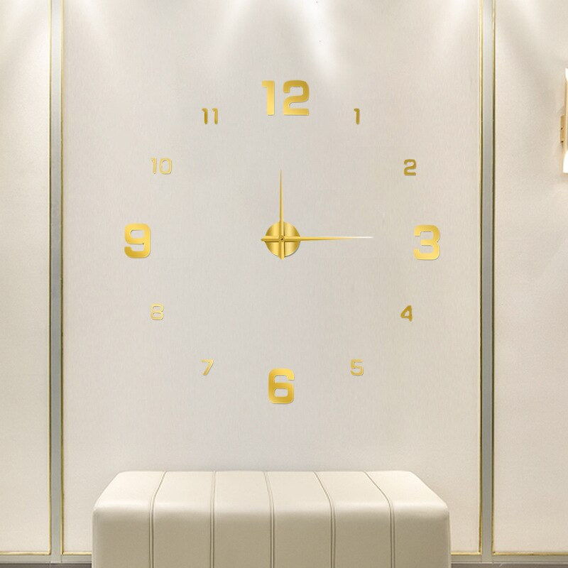 Close-up of minimalist wall clock showing 3D number details and clock hands