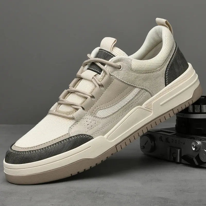Men's retro everyday sneakers with mesh upper and suede detailing, front angle view