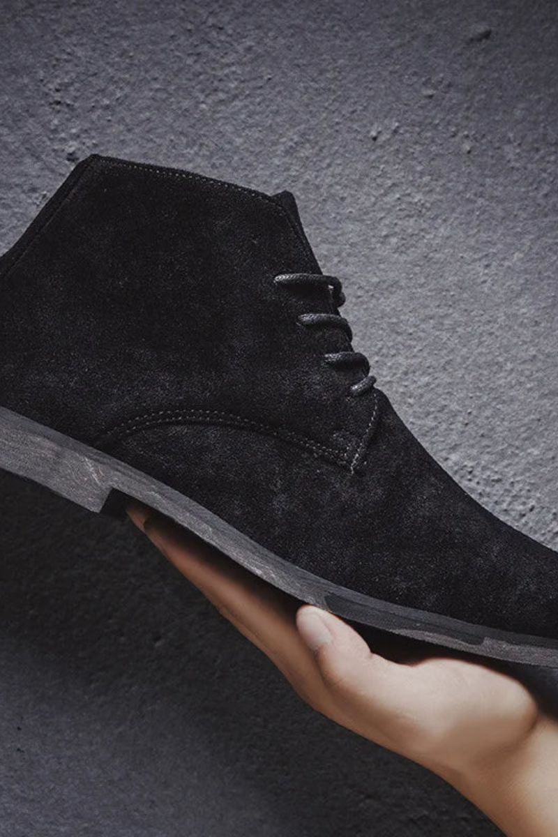 Men's suede desert boots worn styled for everyday casual outfit