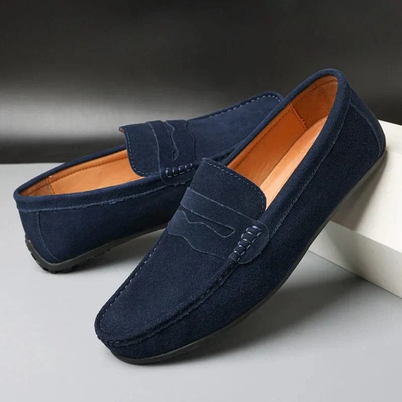 Black suede loafers for men — pair displayed flat on neutral background