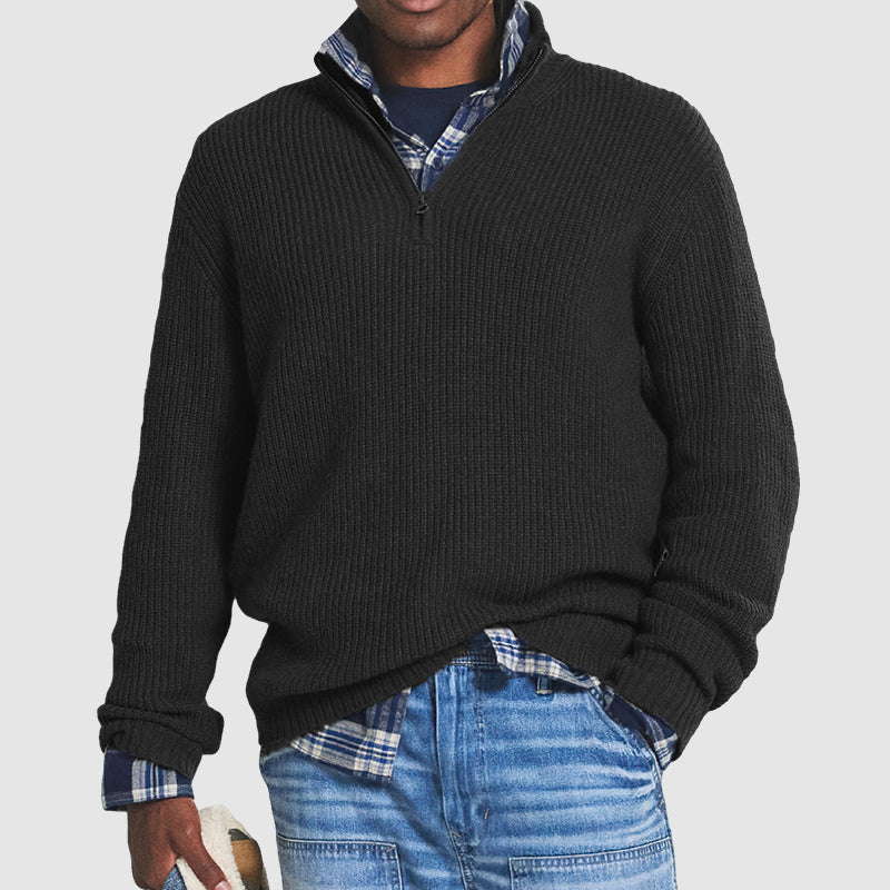 Men's half-zip knitted sweater with stand-up collar and long sleeves