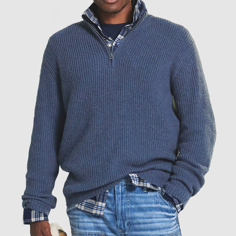 Half-zip men's knitted sweater with ribbed stand-up collar and long sleeves