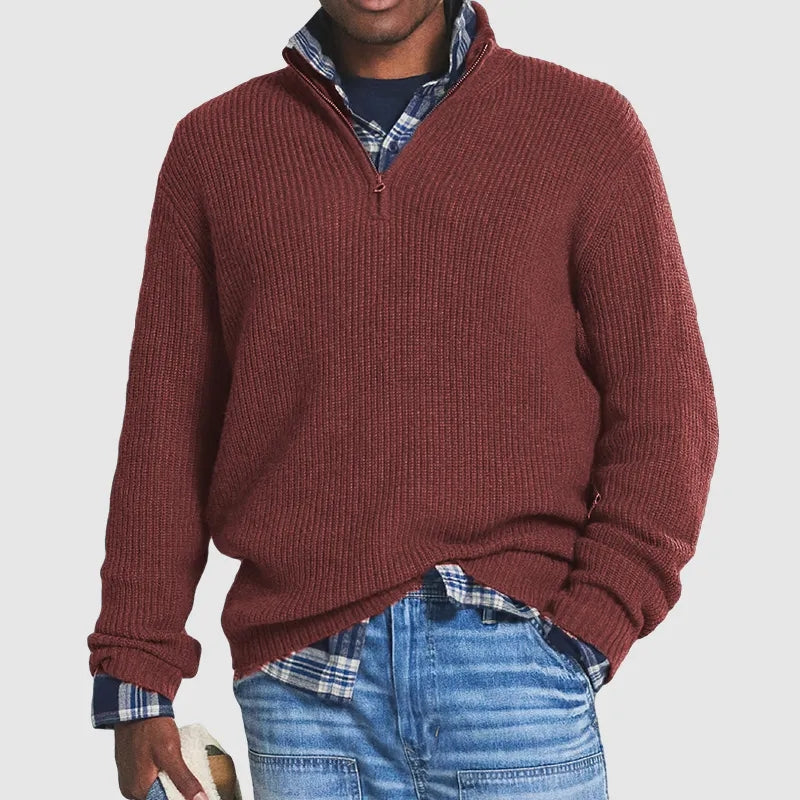 Men's regular-fit half-zip knitted sweater with textured cotton-blend fabric
