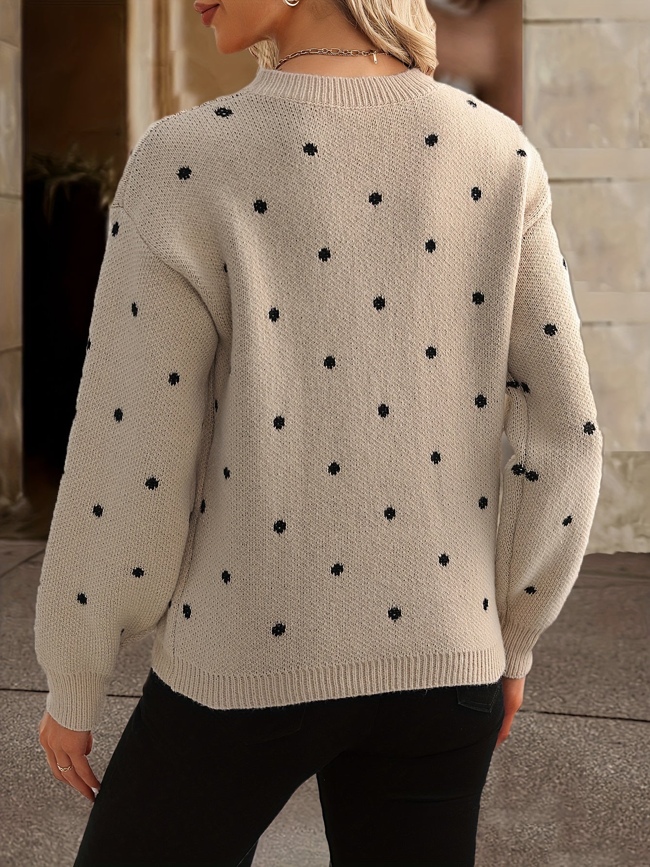 Patterned knit sweater for women shown from the front, relaxed everyday fit