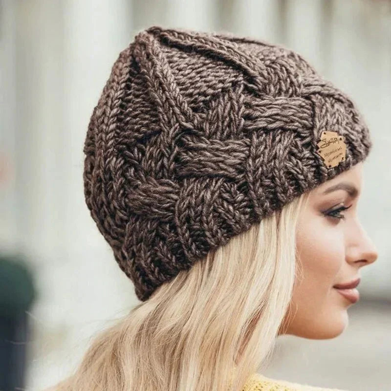 Chunky knitted beanie for women with thick yarn texture and one-size stretch fit